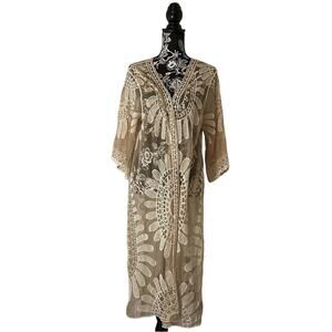 Rebellion Again Cream Lace Embroidered Duster Swim Cover Up - Size Medium